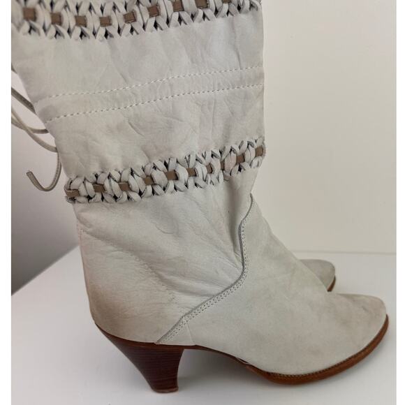 ZODIAC White Leather Almond Toe Woven Self Tie Mid-Calf Bootie Size 8.5 VINTAGE - Picture 6 of 8
